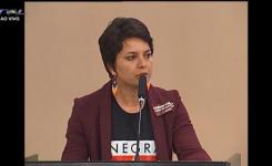 A advogada e pesquisadora da Unemat, Laudic�ia Fagundes Teixeira, fez uso da tribuna durante a audi�ncia p�blica para defender a manuten��o do Dia da Consci�ncia Negra como feriado estadual